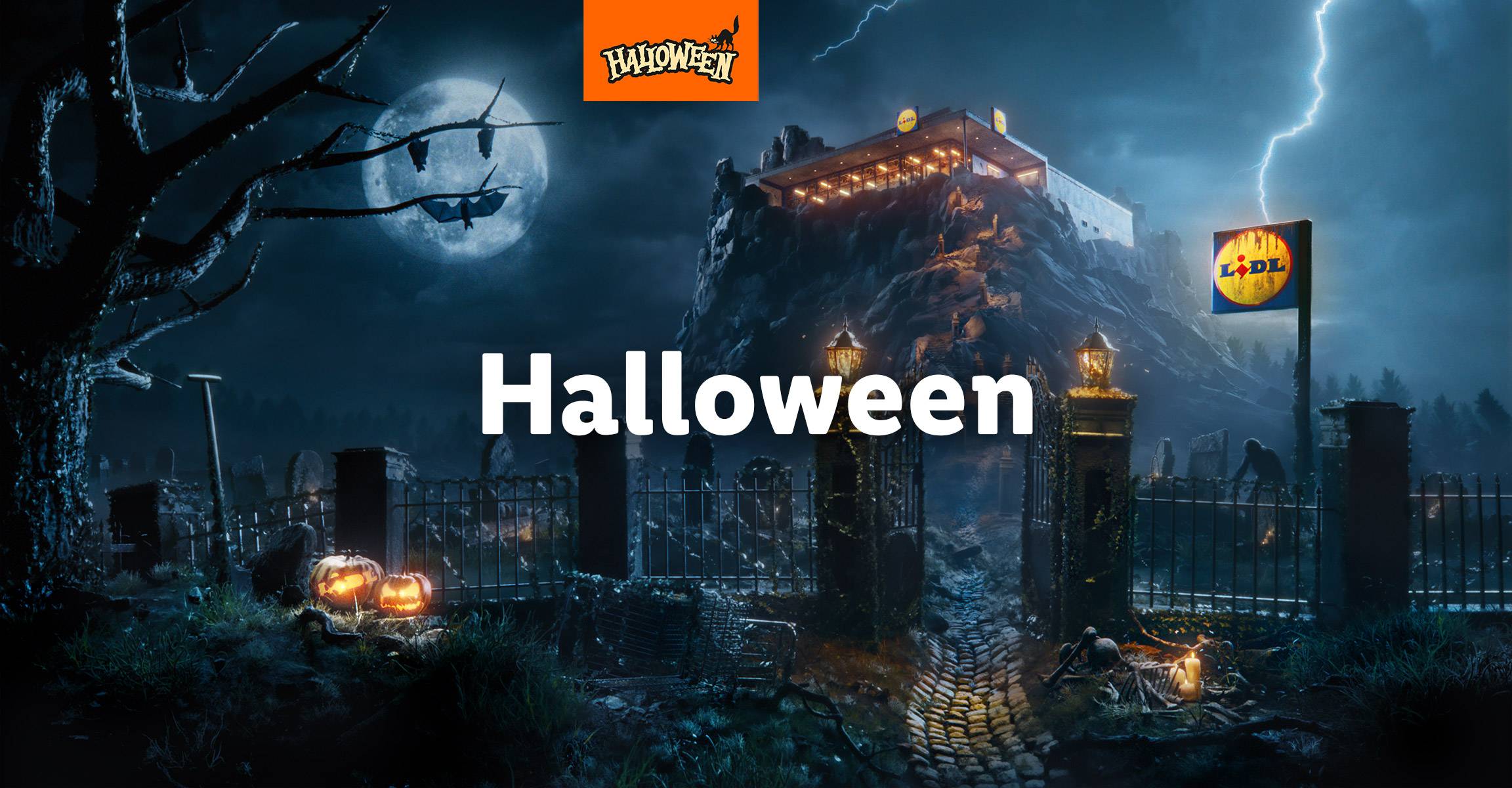 A spooky Halloween scene with a full moon, bats, a graveyard, and a Lidl store on a hill.