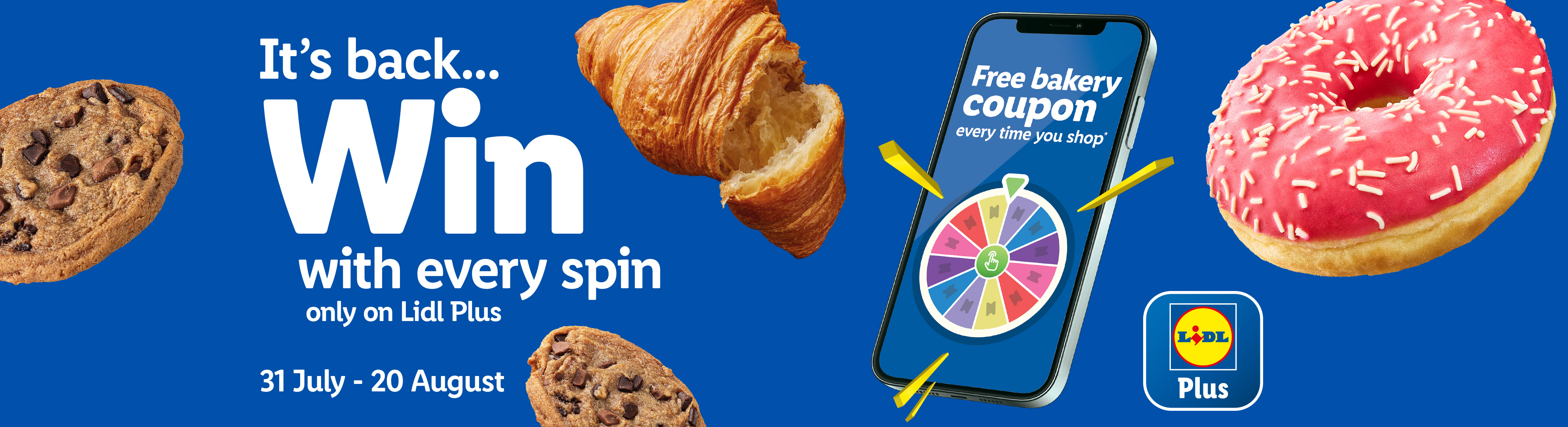 Lidl Plus offers a free bakery coupon with every spin of a wheel, featuring donuts, croissants, and cookies.