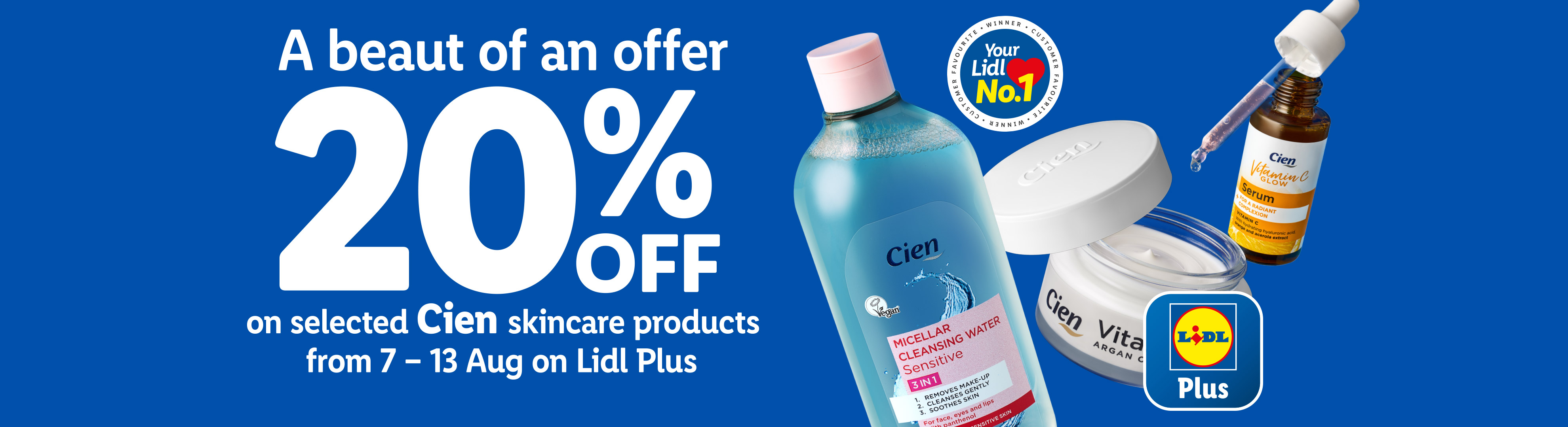 Lidl Plus offers 20% off selected Cien skincare products, including serums, cleansers, and creams.