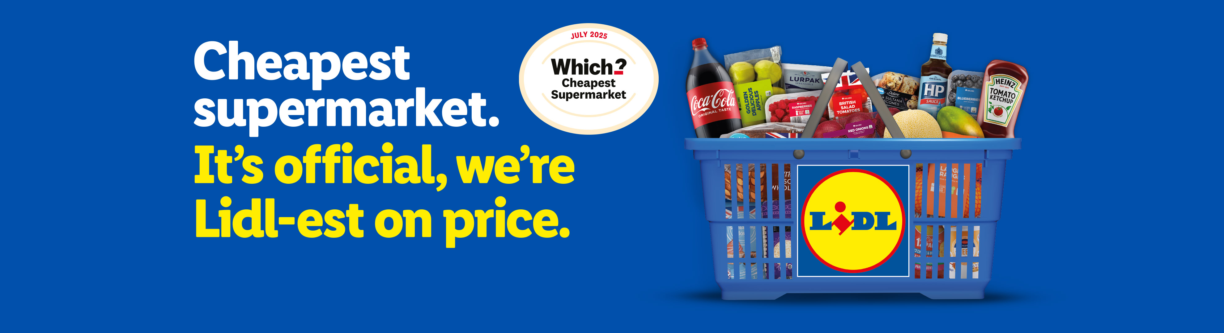 Lidl advertisement with a shopping basket full of groceries, including Coca-Cola, Lurpak, and Heinz.