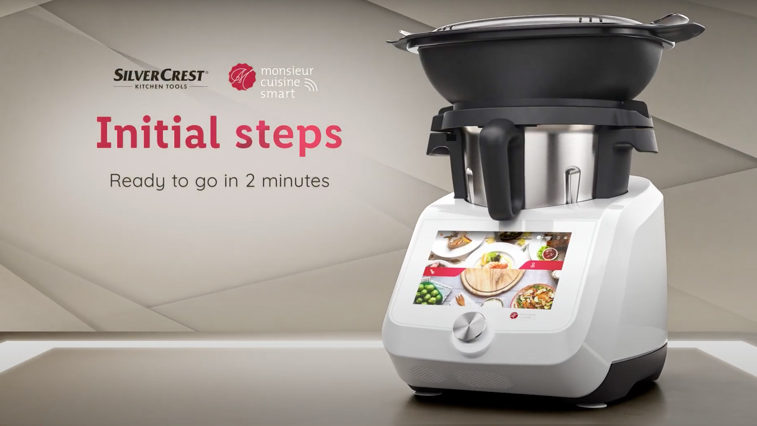 A SilverCrest Monsieur Cuisine Smart kitchen appliance with a screen displaying food recipes.