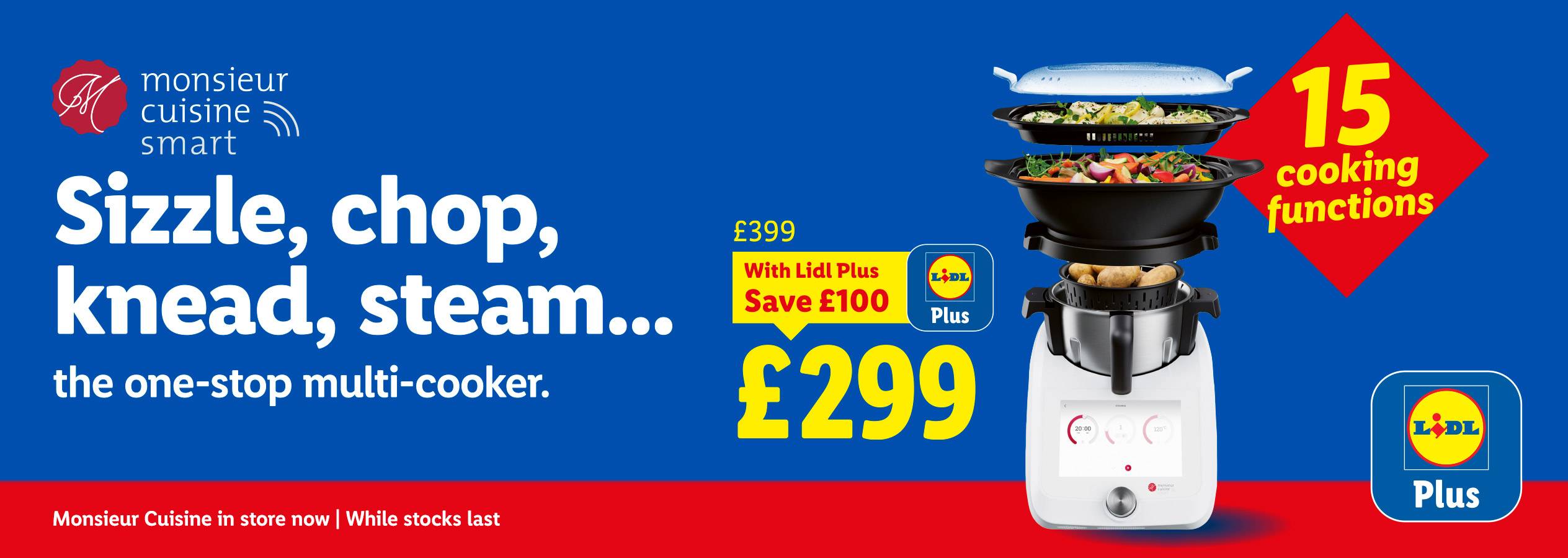 An advertisement for the Monsieur Cuisine Smart multi-cooker, highlighting its 15 cooking functions and a discounted price of £299 with a Lidl Plus membership.