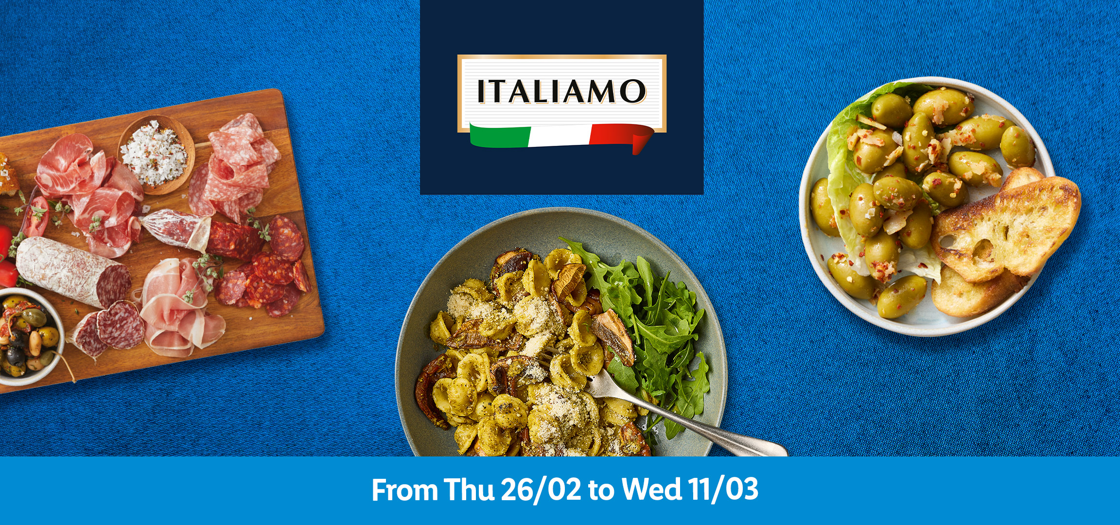 Italian food promotion with olives, bread, pasta, and a banner with the Italian flag, valid from 26/02 to 11/03.