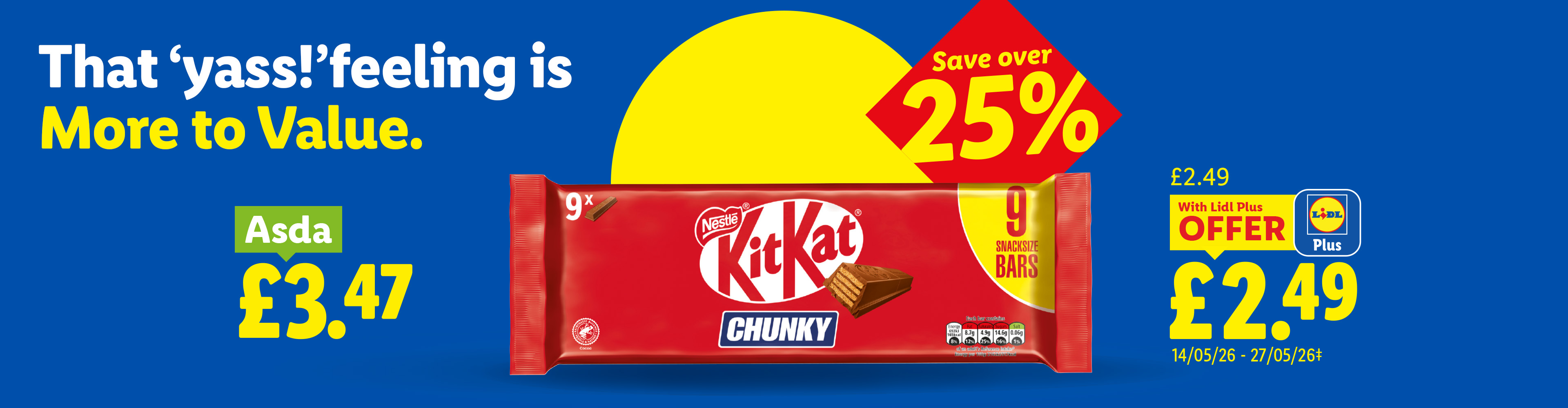 Lidl offer for chocolate bars at £2.49, saving over 25% compared to Asda's £3.47.