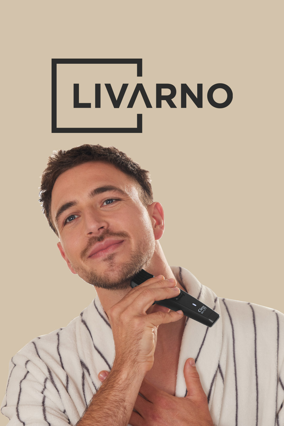 Man in a bathrobe shaving his beard with a trimmer, with a logo above.