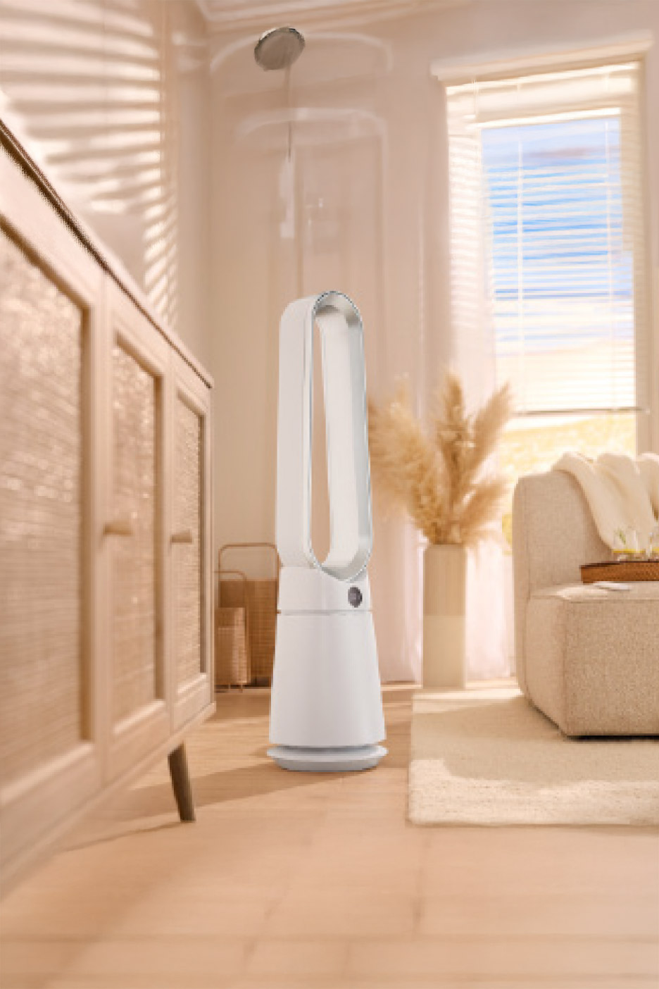White bladeless fan in a bright, modern living room with a light wooden cabinet.