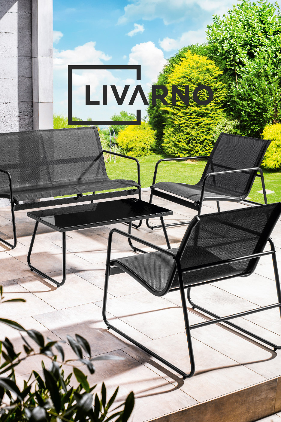Outdoor lounge set with black metal frame and mesh seating, including a sofa, chairs, and table.