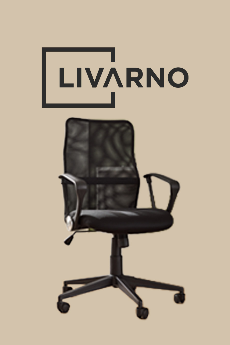 Black office chair with mesh backrest and armrests on a light brown background.