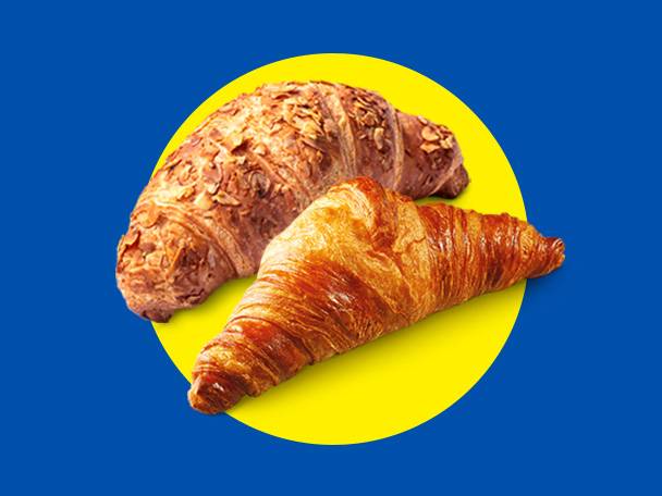 Two croissants, one plain and one almond, on a yellow circle against a blue background.