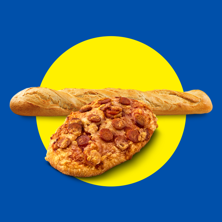 A baguette and a mini pepperoni pizza on a blue background with a yellow circle.