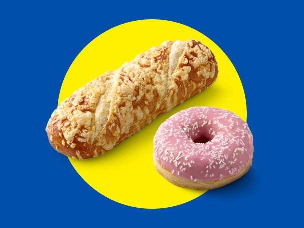 Cheese-topped bread roll and a pink donut with sprinkles on a yellow and blue background.
