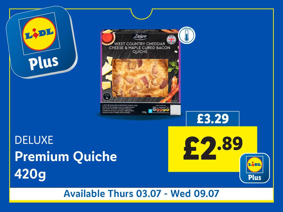 Lidl Plus Deluxe Premium Quiche (420g) on sale for £2.89 (was £3.29).