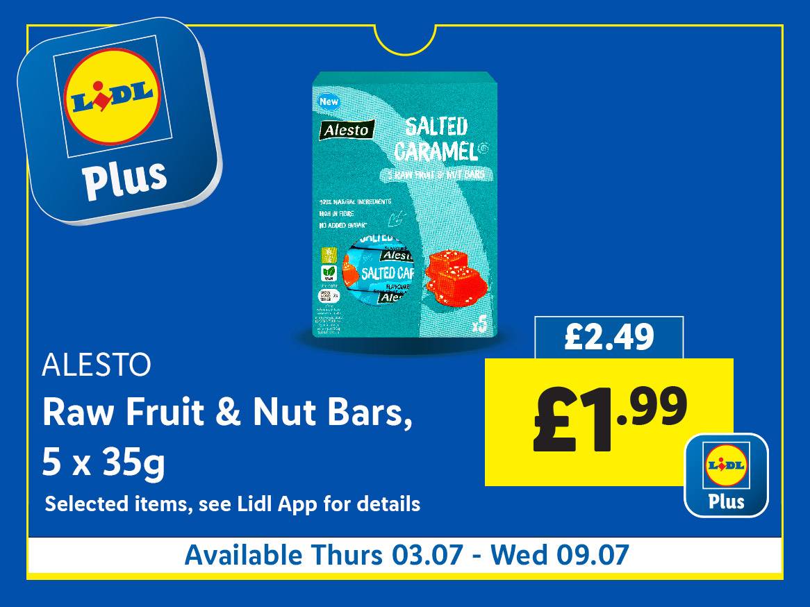 Lidl Plus offers Alesto Raw Fruit & Nut Bars (5 x 35g) for £1.99, down from £2.49.
