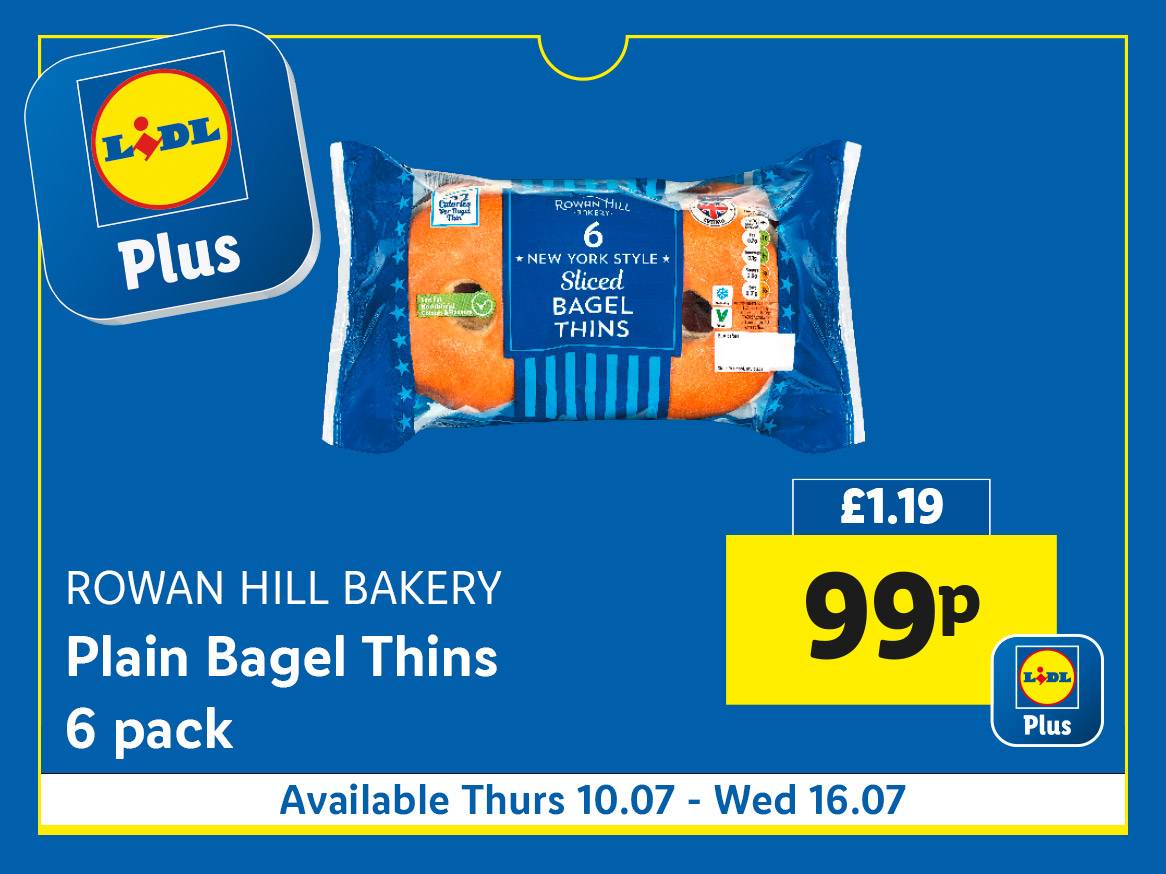 Lidl Plus offers Rowan Hill Bakery Plain Bagel Thins (6 pack) for 99p.
