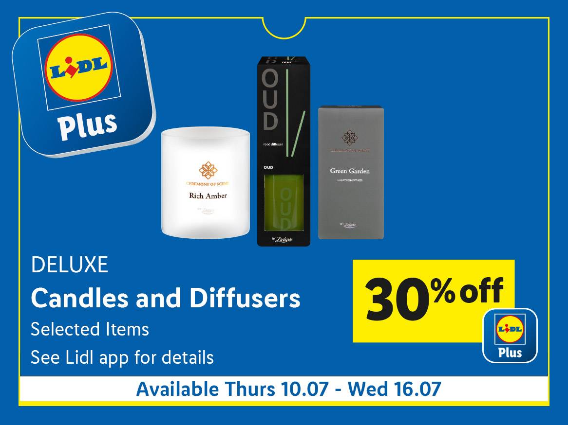 Lidl Plus offers 30% off Deluxe candles and reed diffusers (Oud, Rich Amber, Green Garden) from July 10th-16th.