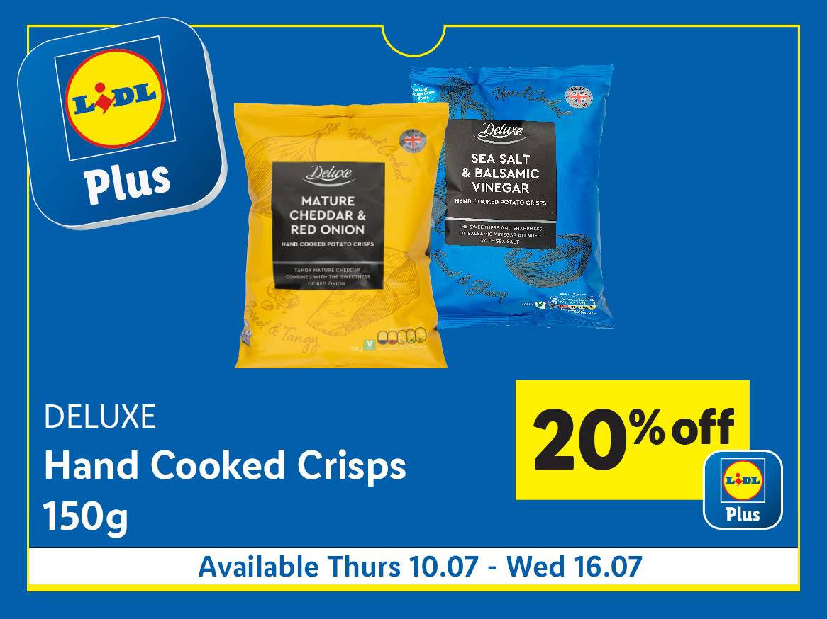 LIDL Plus offers 20% off Deluxe hand-cooked crisps (Mature Cheddar & Red Onion, Sea Salt & Balsamic Vinegar) from Thurs 10.07 - Wed 16.07.