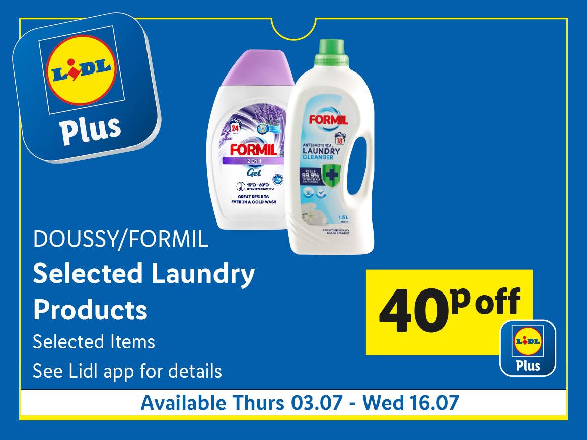 Lidl Plus offers 40p off selected Doussy/Formil laundry products.