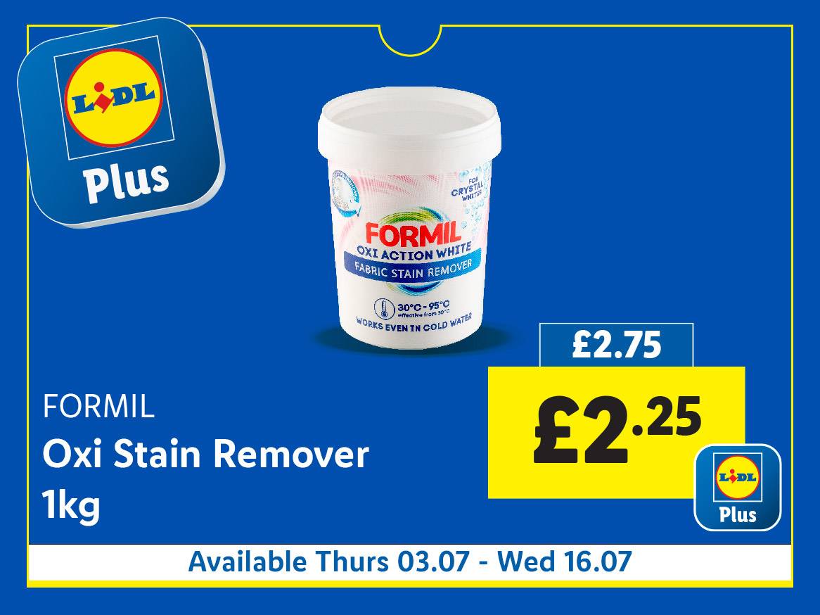 LIDL Plus advertises Formil Oxi Stain Remover (1kg) at £2.25, available from Thurs 03.07 to Wed 16.07.