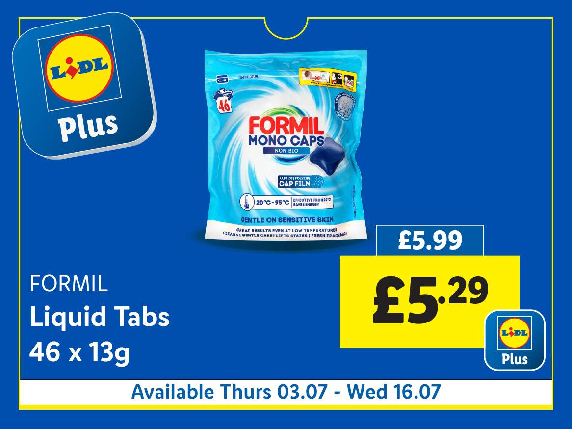 Lidl Plus advertises Formil Mono Caps Liquid Tabs (46 x 13g) at £5.29, available from Thurs 03.07 - Wed 16.07.