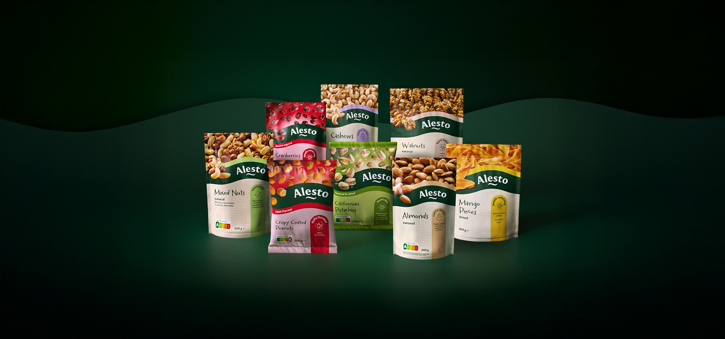 Various bags of nuts and dried fruit, including walnuts, cashews, cranberries, and almonds.