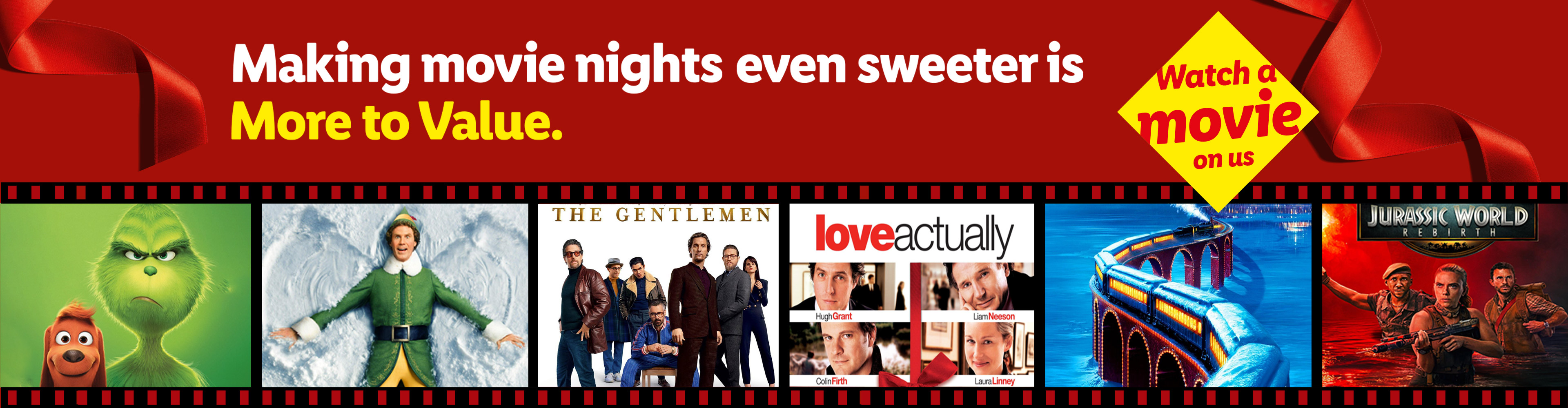 Banner promoting 'More to Value' with movie nights, featuring films like The Grinch, Elf, The Gentlemen, Love Actually, and The Polar Express.