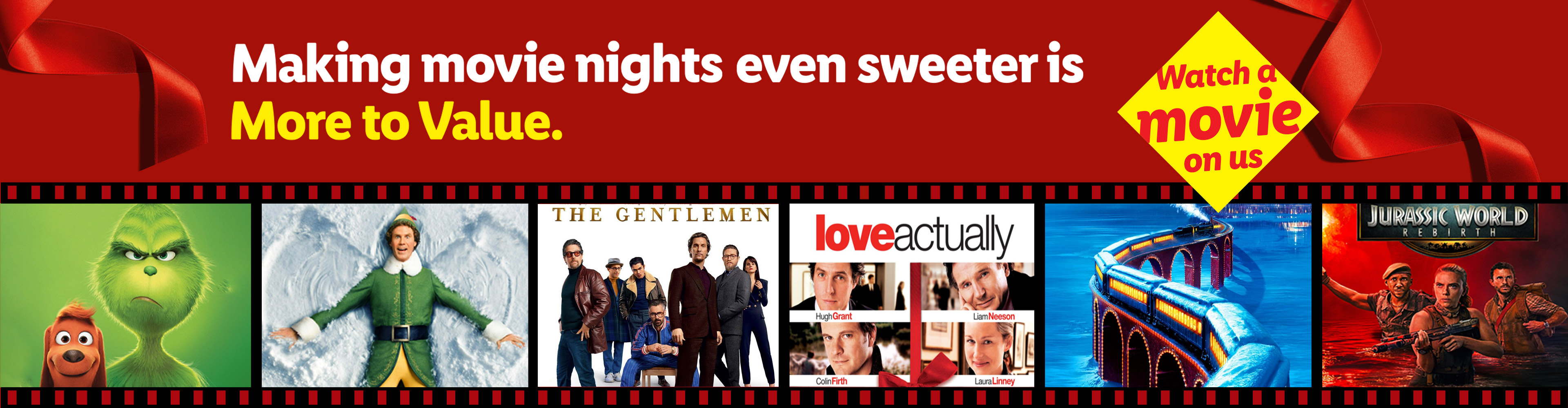 Banner promoting free movies with images of The Grinch, Elf, The Gentlemen, Love Actually, and The Polar Express.