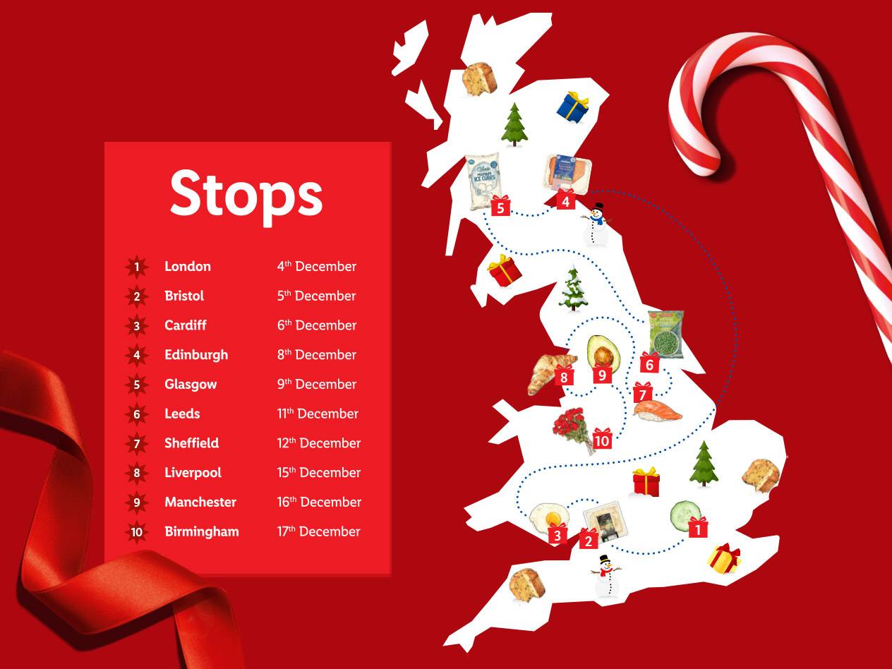 Lidl Christmas tour map of the UK with food items like salmon, avocado, and ice cubes.