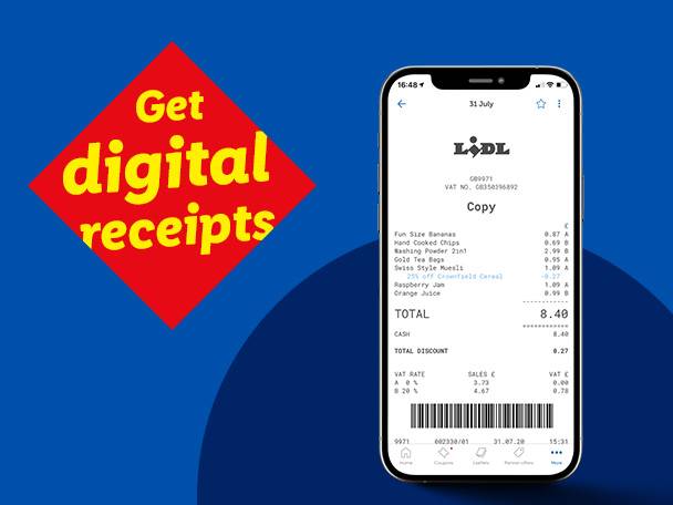 A smartphone displaying a digital grocery receipt for items like bananas, chips, and muesli, next to a red diamond with 'Get digital receipts' in yellow text.