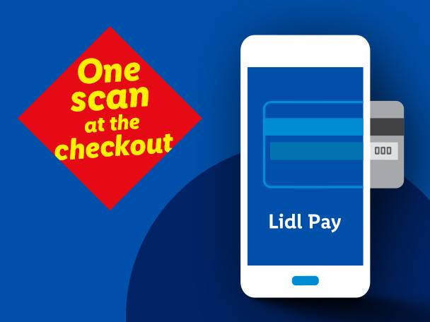 A smartphone displaying a payment card and the text 'Pay', next to a red diamond with 'One scan at the checkout'.
