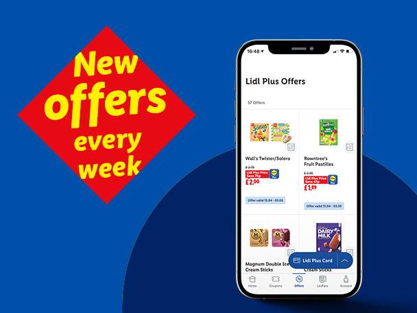 Lidl Plus app displaying weekly offers for ice cream and fruit pastilles, with a 'New offers every week' sign.