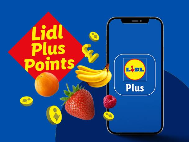 Smartphone displaying a loyalty app, surrounded by fruit and currency symbols, promoting a points program.