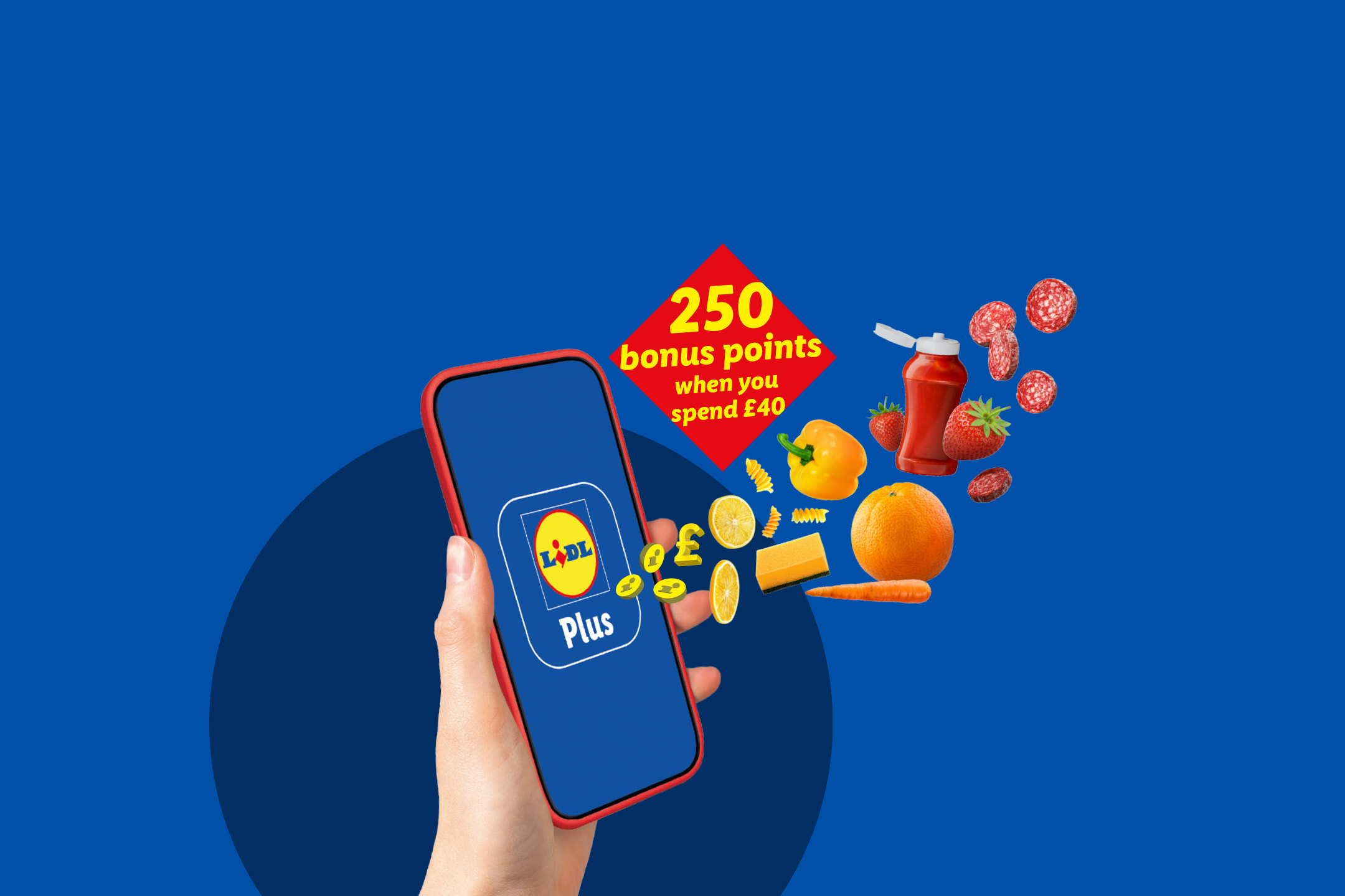 Hand holding a phone with a loyalty app, surrounded by groceries and a bonus points offer.