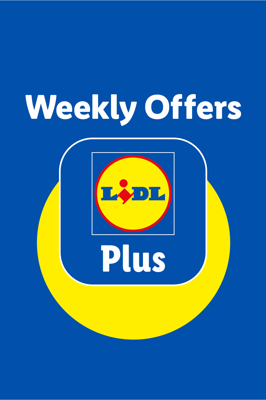 Lidl Weekly Offers Plus logo on a blue background with a yellow crescent.