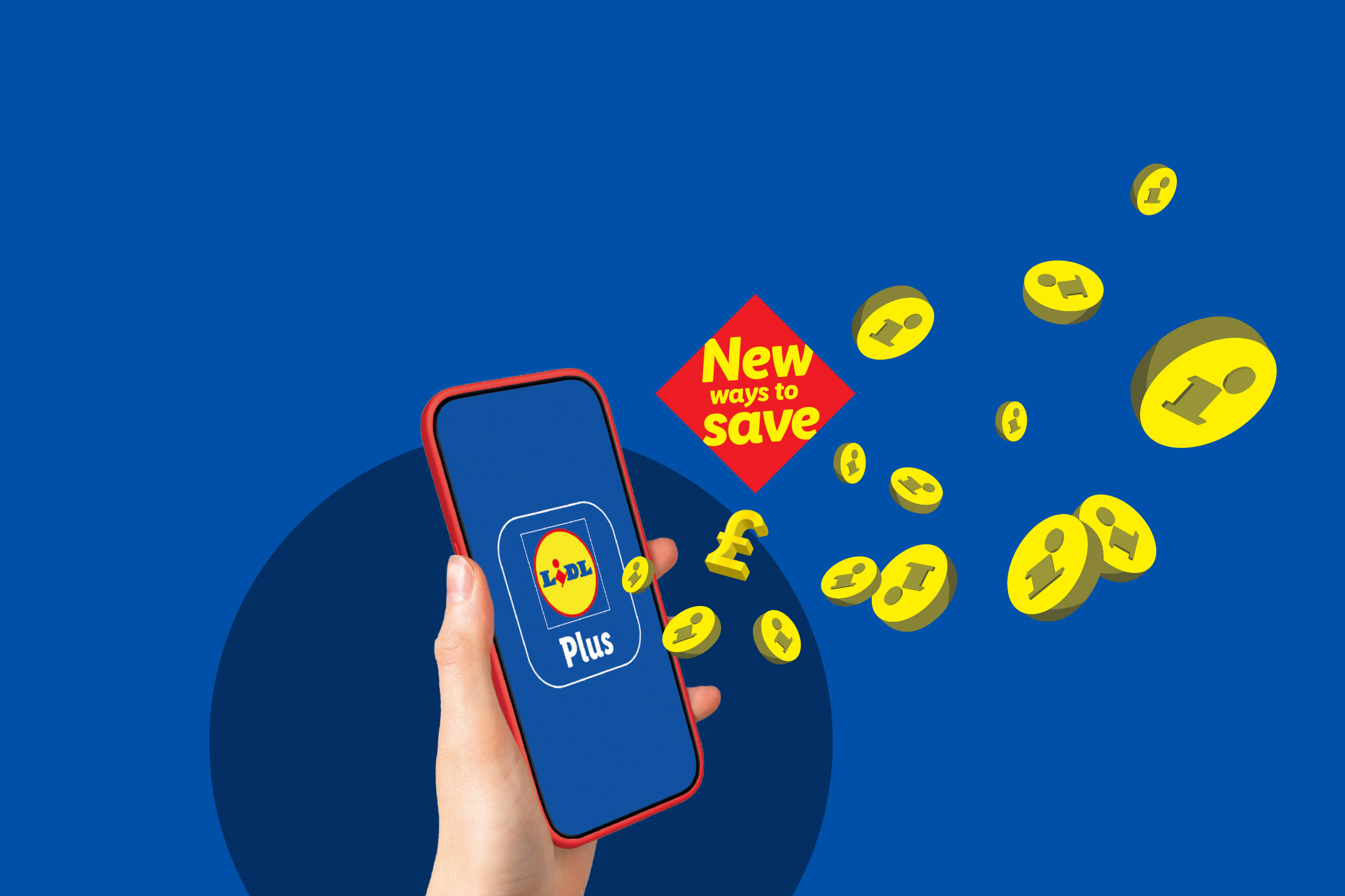 A hand holding a smartphone with a loyalty app, surrounded by coins and a 'New ways to save' sign.