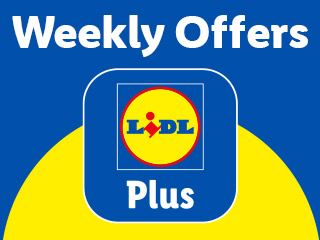 Lidl Plus app logo with text 'Weekly Offers' and 'Plus' on a blue and yellow background.