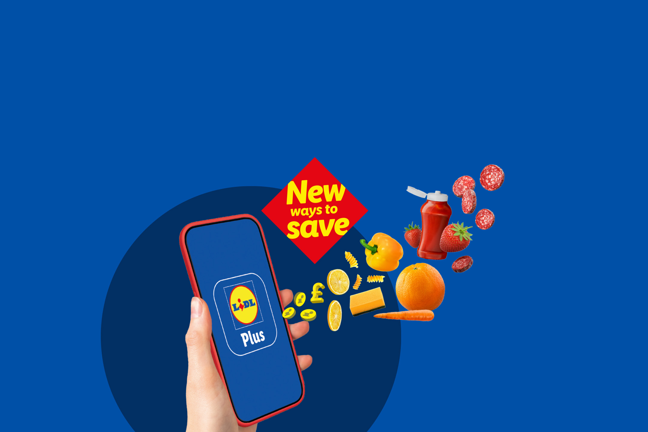 Hand holding a smartphone with a loyalty app, surrounded by groceries and coins, with text 'New ways to save'.