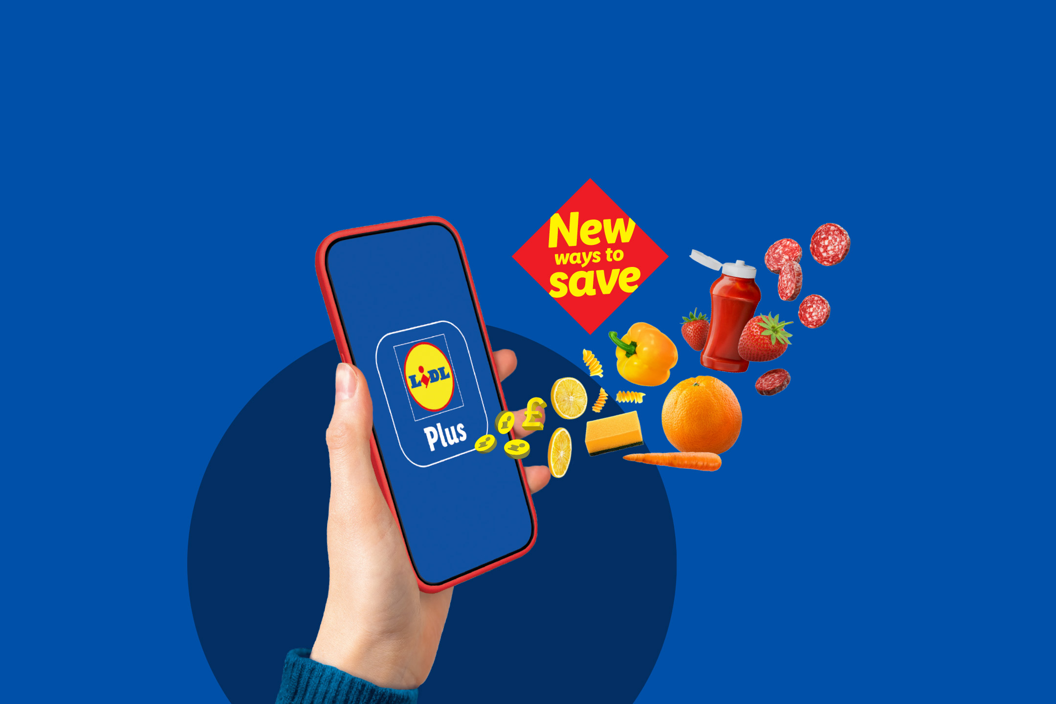 Hand holding a smartphone with a loyalty app, surrounded by groceries and a 'New ways to save' sign.