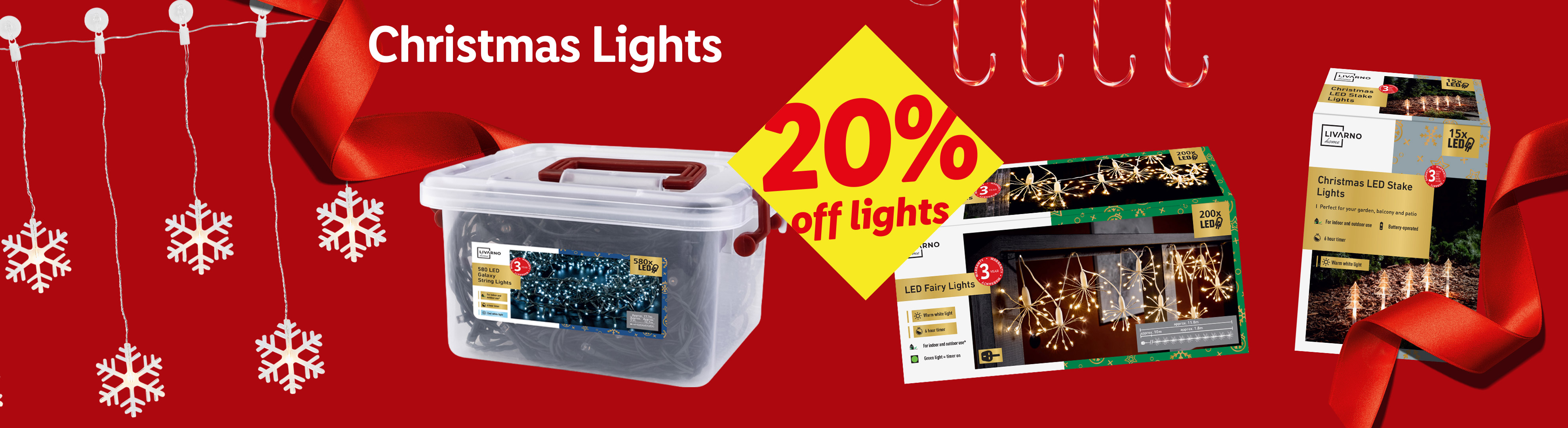 Christmas Lights with 20% off, featuring snowflake string lights, LED fairy lights, and stake lights.