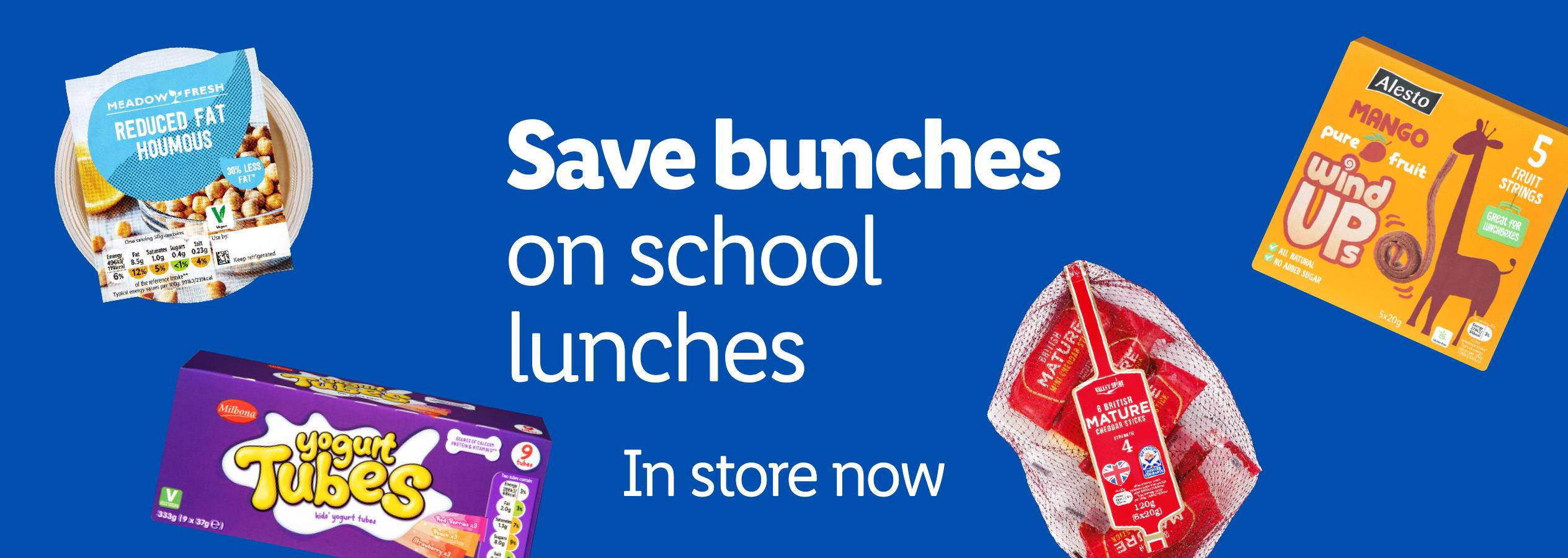 An advertisement for school lunch items, including hummus, yogurt tubes, fruit strings, and cheddar sticks.