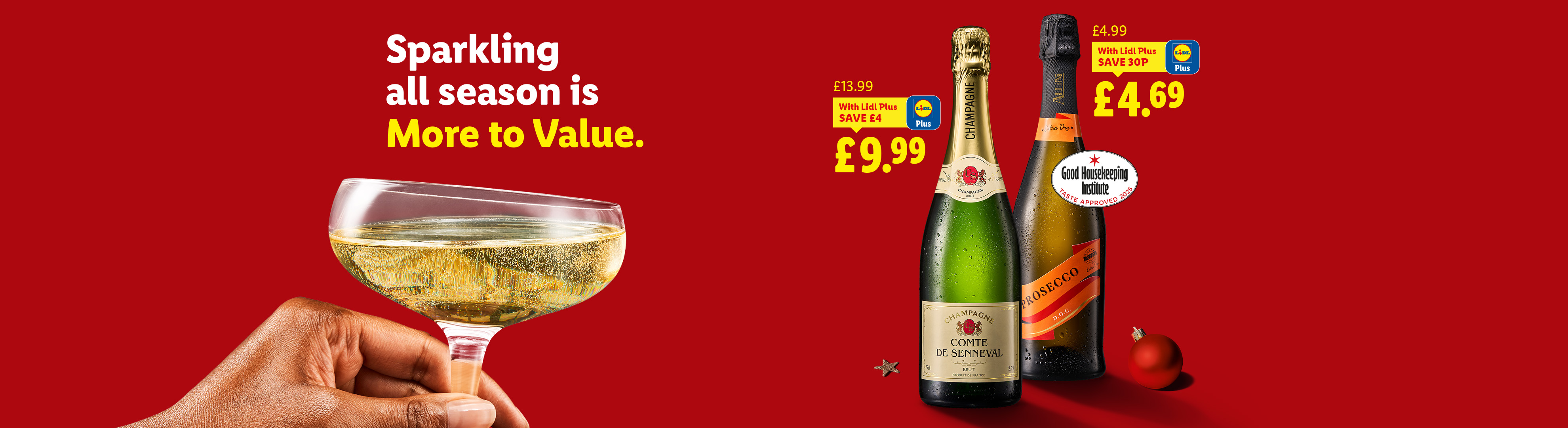 Lidl's sparkling wine and champagne offers, including Comte de Senneval Champagne and Prosecco.