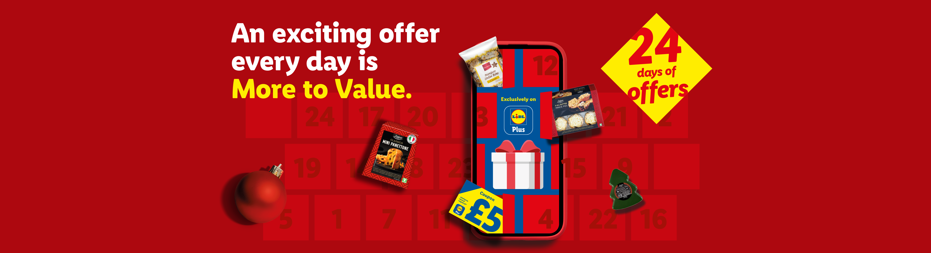 Lidl Plus app with various products like panettone, mince pies, marzipan bites, and a £5 coupon, promoting 24 days of offers.