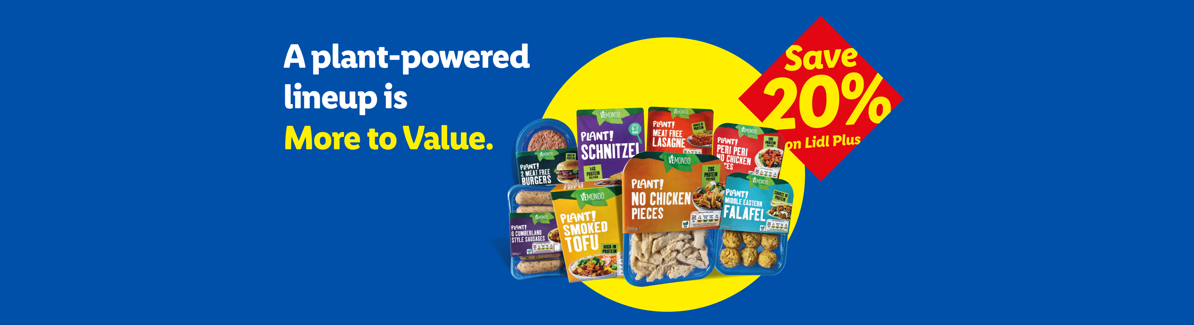 Lidl's Vemondo plant-powered lineup, including burgers, schnitzel, and falafel, with a 'Save 20% on Lidl Plus' offer.