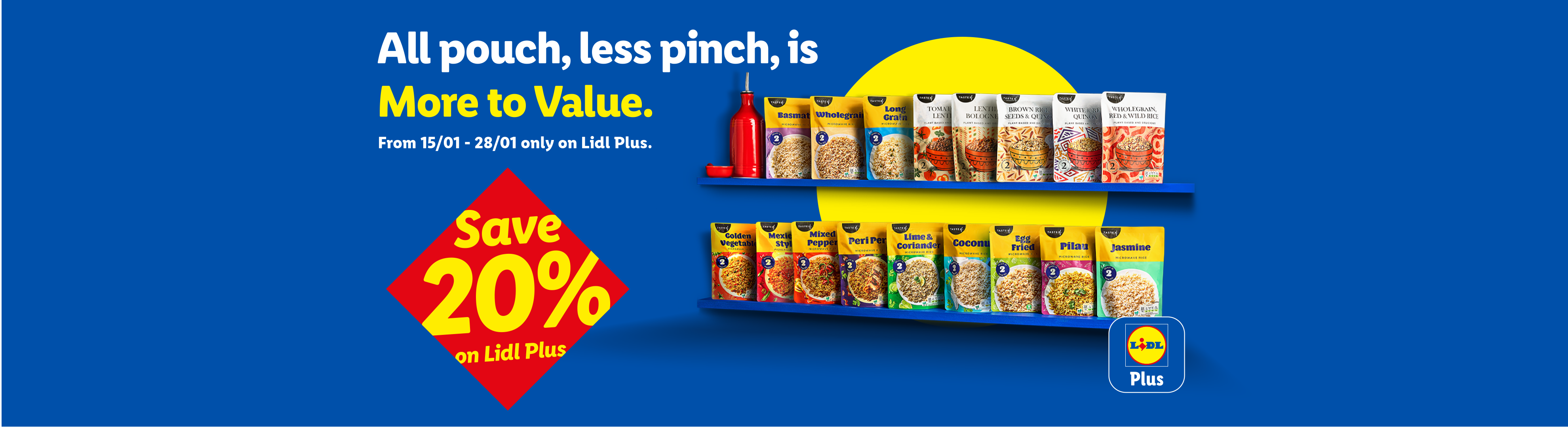 Microwave rice pouches on shelves, with a 'Save 20% on Lidl Plus' offer.