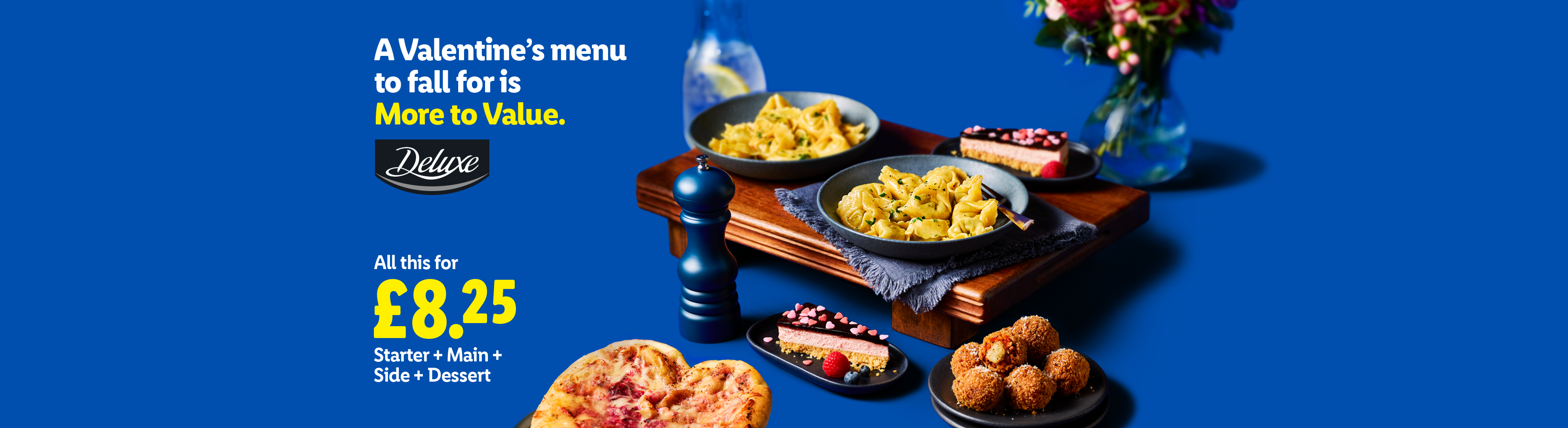 Valentine's menu with pasta, cheesecake, and a heart-shaped pizza for £8.25.