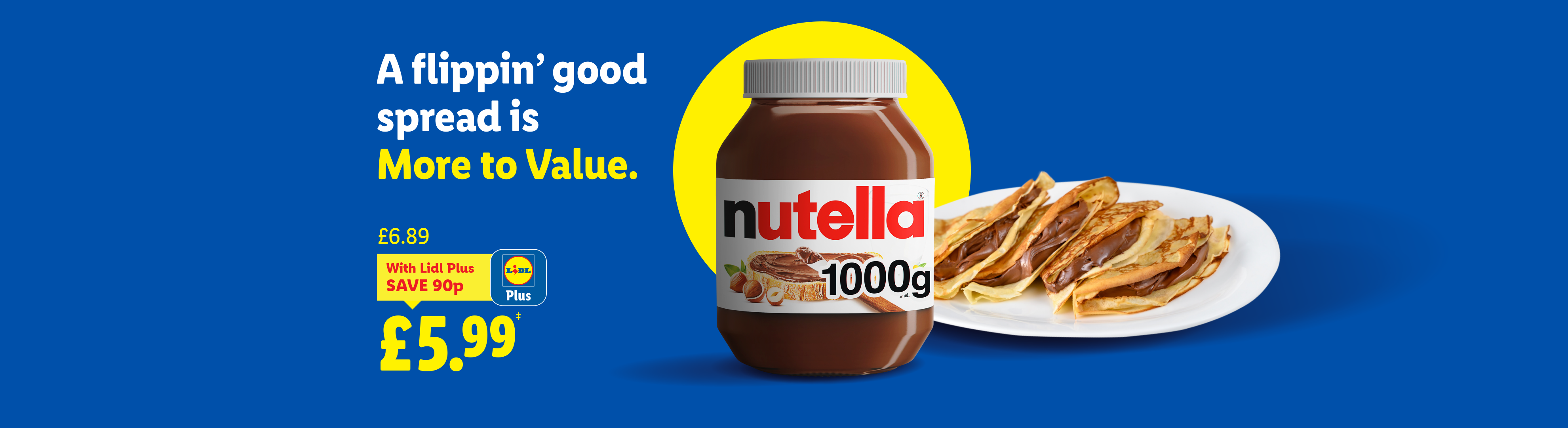 A jar of chocolate hazelnut spread and crepes on a blue background, with a promotional offer.