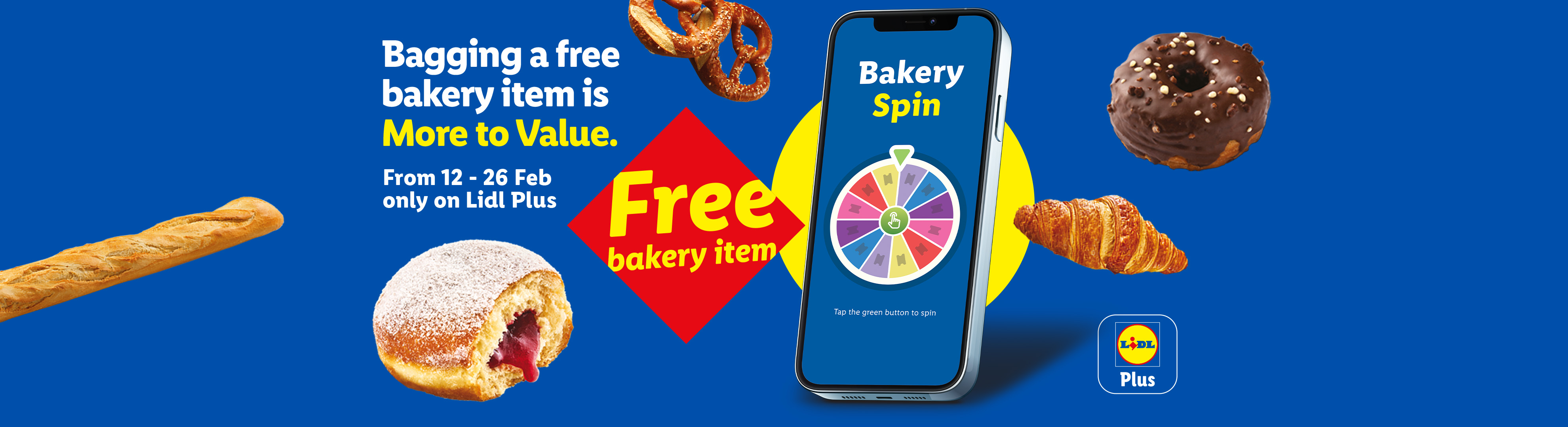A variety of bakery items and a phone displaying a 'Bakery Spin' game, promoting a free bakery item offer from 12-26 Feb on the Plus app.