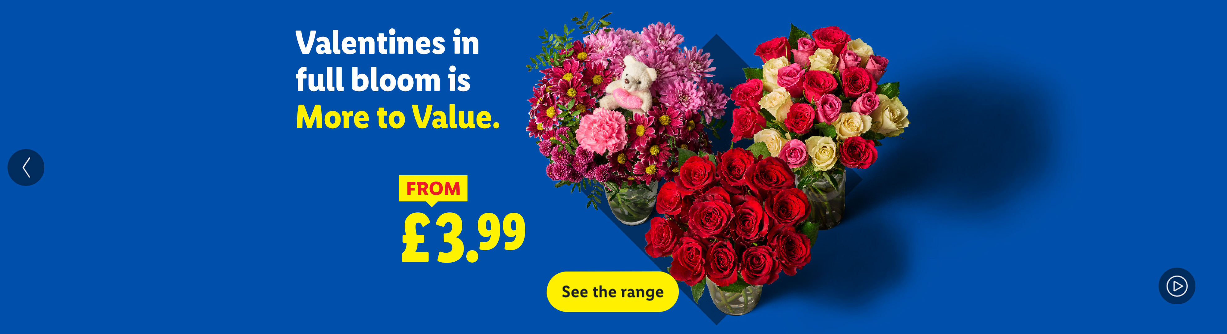 Valentine's Day flowers from £3.99, including roses and mixed bouquets.
