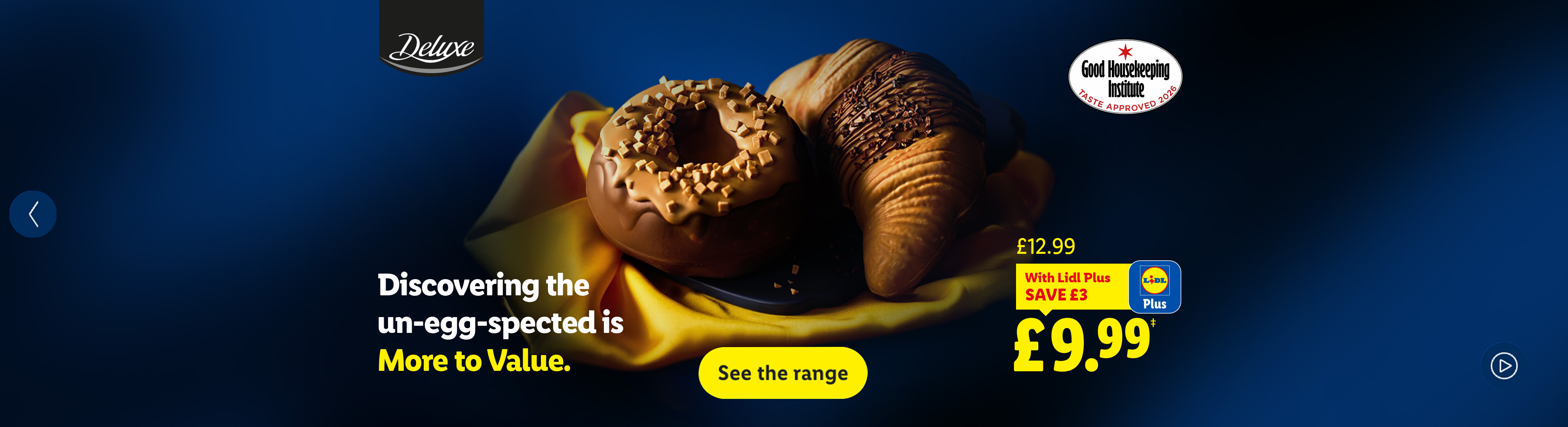 A chocolate donut and croissant on a yellow cloth, with text about discovering value and a price of £9.99.