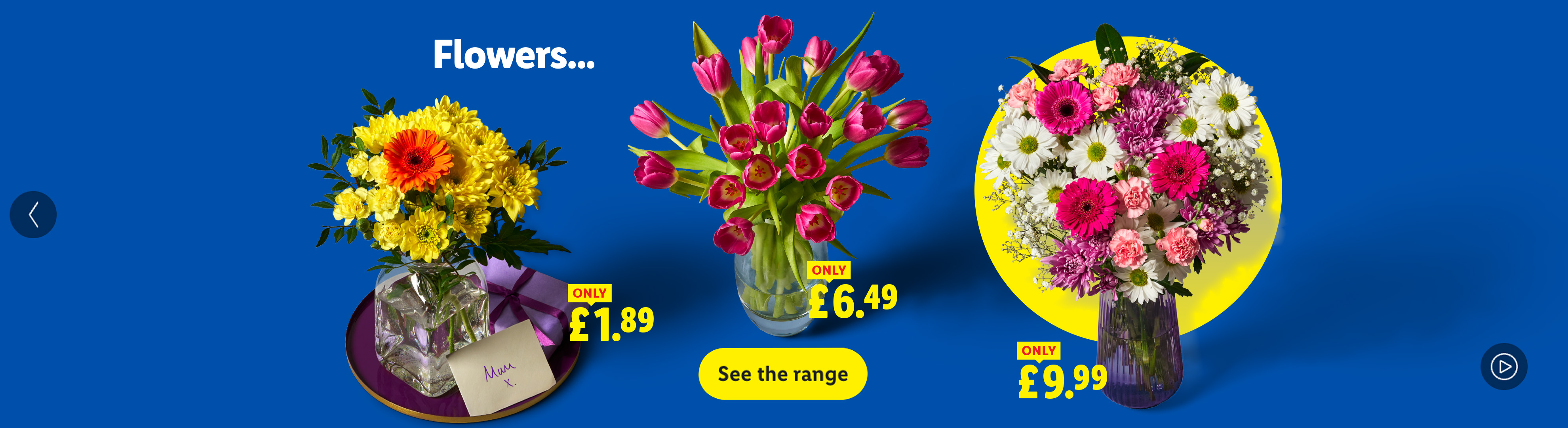 Three bouquets of flowers: yellow, pink tulips, and mixed pink/white, with prices from £1.89.