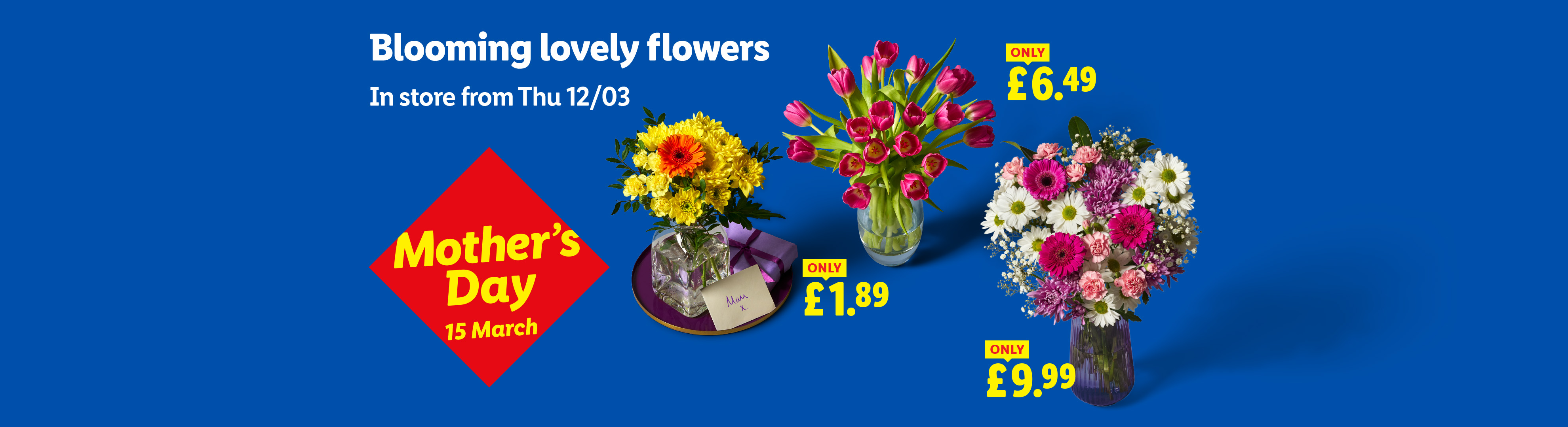 Mother's Day flowers: yellow bouquet £1.89, pink tulips £6.49, mixed bouquet £9.99.